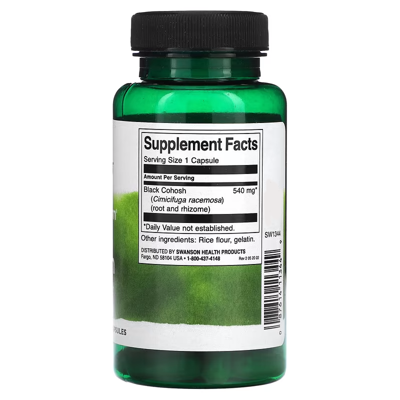 The Swanson Full Spectrum Black Cohosh contains 540 mg per capsule, supporting hormonal balance. Labeled "Supplement Facts," it includes rice flour and gelatin.