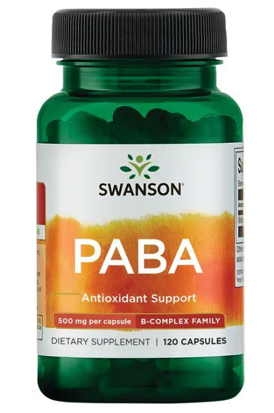 Un frasco de Swanson PABA - 500 mg 120 cápsulas, un suplemento antioxidante que favorece la salud de la piel y la formación de glóbulos rojos.