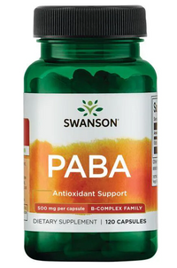 Miniatura de Un frasco de Swanson PABA - 500 mg 120 cápsulas, un suplemento antioxidante que favorece la salud de la piel y la formación de glóbulos rojos.