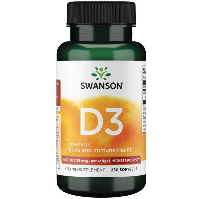 Swanson Vitamin D3 5000 IU, in a green bottle with 250 softgels, enhances bone health and supports a robust immune system.