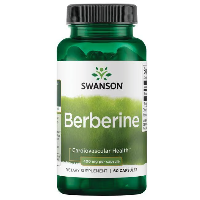 The Swanson product "Berberine 400 mg 60 Capsules" is a green bottle with 60 capsules, each containing 400 mg of Berberine designed for cardiovascular and immune support.