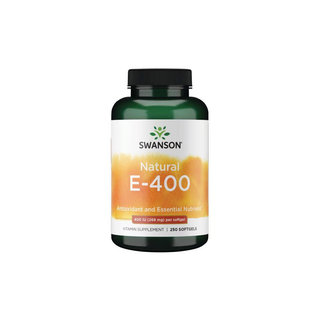 The image features a Swanson product, Natural Vitamin E-400 IU with 250 softgels, highlighting its antioxidant tocopherols.