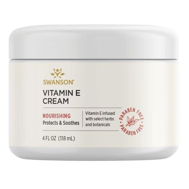 A white jar labeled "Swanson Vitamin E Cream 4 fl oz (118 ml)" with "Nourishing, Protects & Soothes" text. This antioxidant-rich jar is 4 fl oz (118 mL) and states "Paraben Free.