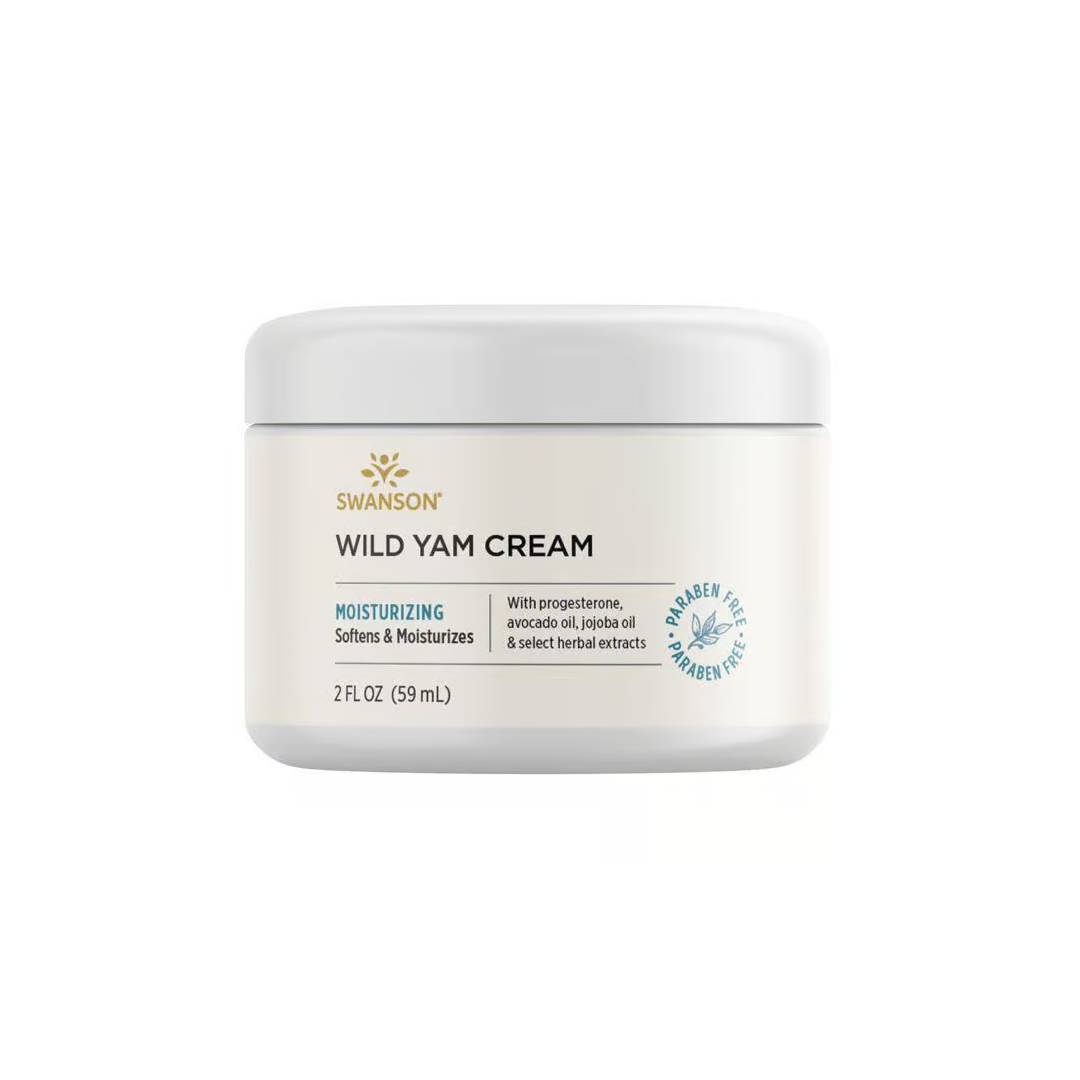 Swanson's Wild Yam Cream 59ml provides nourishing skincare in a paraben-free formula with progesterone, avocado oil, jojoba oil, and herbal extracts for menopause support.