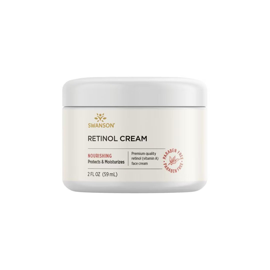 A 2-ounce (59 mL) jar of Retinol Cream 2 fl oz (59 ml) by Swanson. The label indicates it is nourishing, protects, moisturizes, and contains premium quality retinol (vitamin A). Paraben-free and effective for anti-ageing.