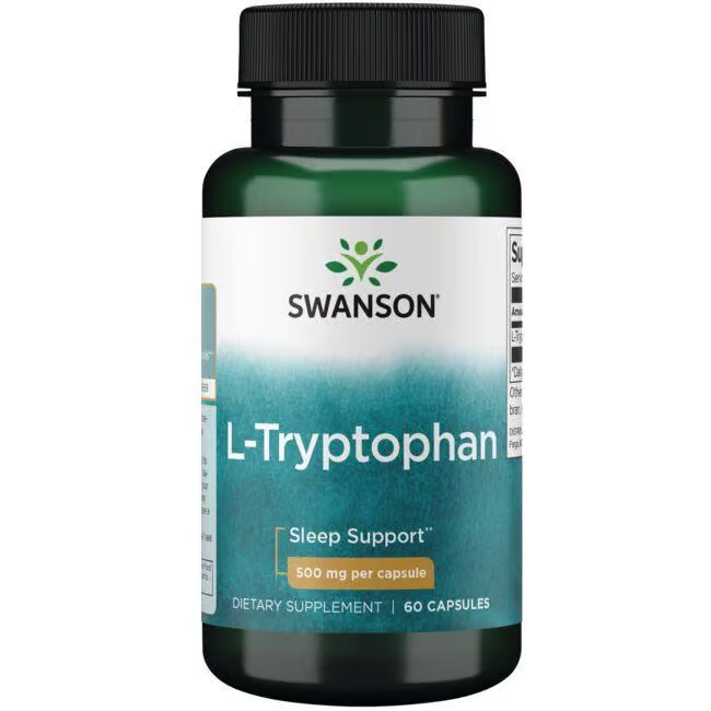 A bottle of Swanson L-Tryptophan 500 mg, an essential amino acid supplement for sleep quality, contains 60 capsules.