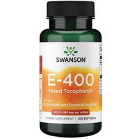 Thumbnail for Swanson's Vitamin E - 400 IU Mixed Tocopherols offers 100 softgels of antioxidant and essential nutrient support, each providing 400 IU (268 mg) of Vitamin E to aid cardiovascular health.