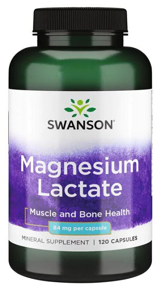Un frasco de Swanson Lactato de Magnesio - 84 mg 120 cápsulas.