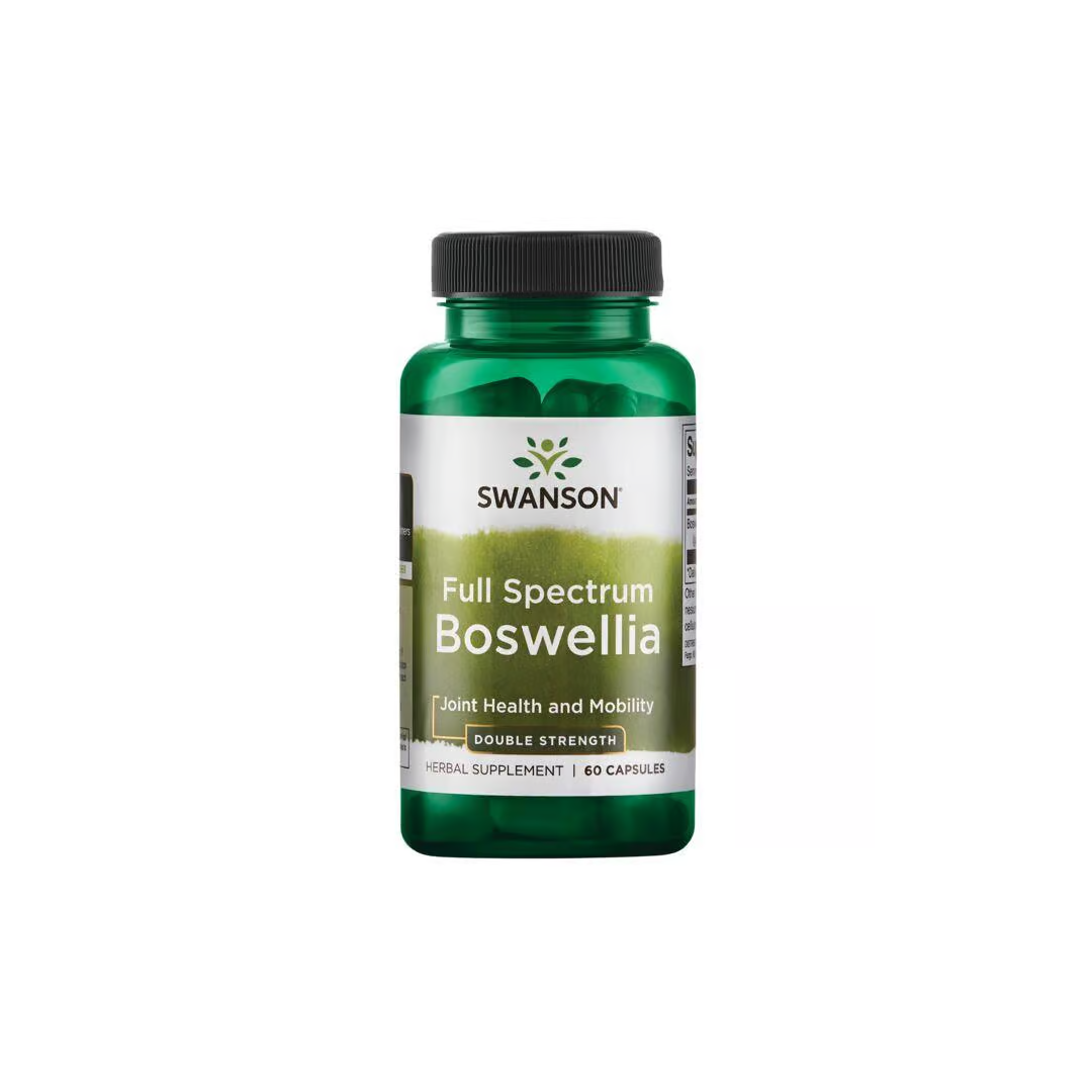 A green bottle of Swanson Boswellia 800 mg contains 60 capsules, is labeled as a double strength herbal supplement for joint health and mobility, and draws from Ayurvedic tradition.