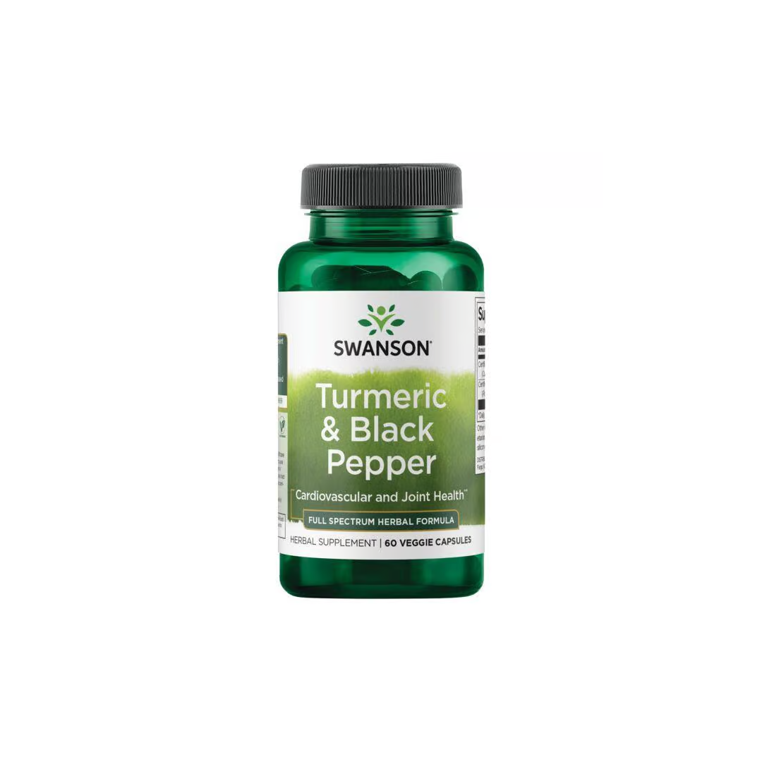 Swanson's Turmeric & Black Pepper veggie capsules in a green bottle naturally support cardiovascular and joint health, containing 60 easy-to-swallow capsules.