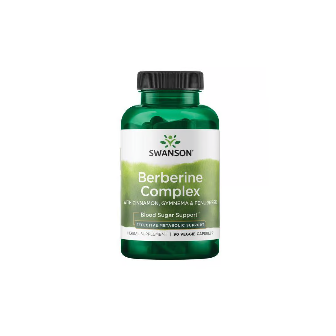 The green bottle labeled "Swanson Berberine Complex with Cinnamon, Gymnema & Fenugreek" contains 90 veggie capsules for blood sugar and cardiovascular health support.