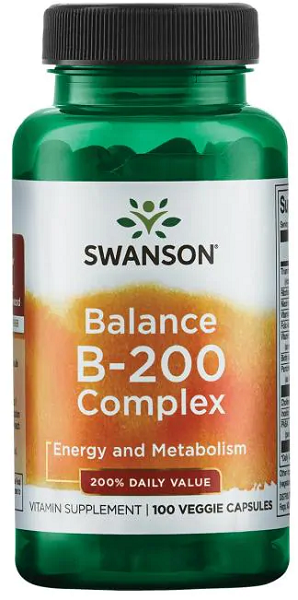 Un frasco de suplemento dietético de Swanson Balance B-200 Complex.