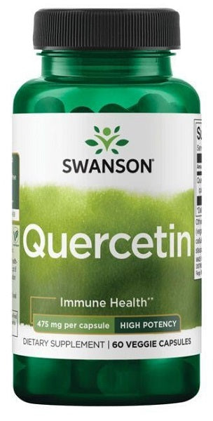 Un frasco de Swanson Quercetina 475 mg 60 vcaps, un potente antioxidante para mejorar el sistema inmunitario y favorecer la salud de los vasos sanguíneos.