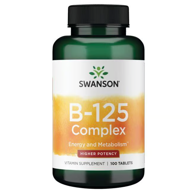 Swanson's Vitamin B-125 Complex, designed for energy production and metabolic support, includes 100 tablets.