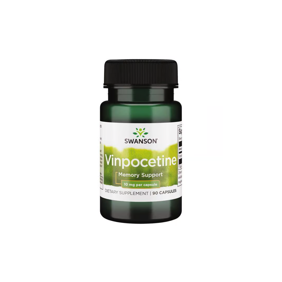 Swanson Vinpocetine 10 mg offers memory support and concentration enhancement in a green bottle with 90 capsules.