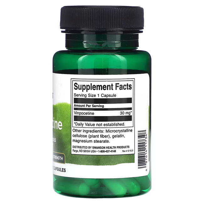 Swanson's Vinpocetine supplement features a green bottle with a black cap and a clear supplement facts label. Each 10 mg capsule supports memory and concentration, with 90 capsules per package.