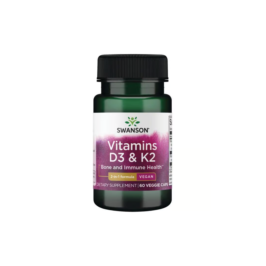 The Swanson Vitamins D3 2000 IU & K2 75 mcg, containing 60 veggie capsules, supports bone health and immune function.