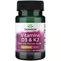 Thumbnail for A green bottle of Swanson Vitamins D3 2000 IU & K2 75 mcg, with a purple and white label, supports bone health and immunity. This formula provides 60 vegan veggie capsules for essential vitality.