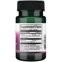 Thumbnail for A Swanson supplement bottle, featuring a white label with Supplement Facts for bone health, contains Vitamins D3 (2000 IU) and K2 (75 mcg), along with rice flour and malic acid.