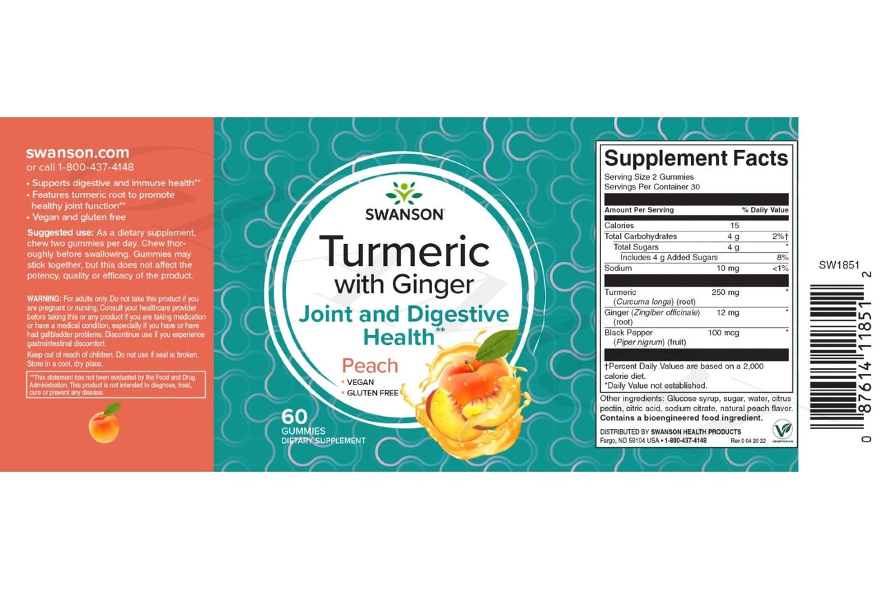 Label for Swanson Turmeric with Ginger 60 Gummies - Peach, highlighting benefits, ingredients, usage instructions, and serving size. Infused with black pepper for improved absorption. Includes 60 peach-flavored vegan gummies designed to support joint and digestive health.