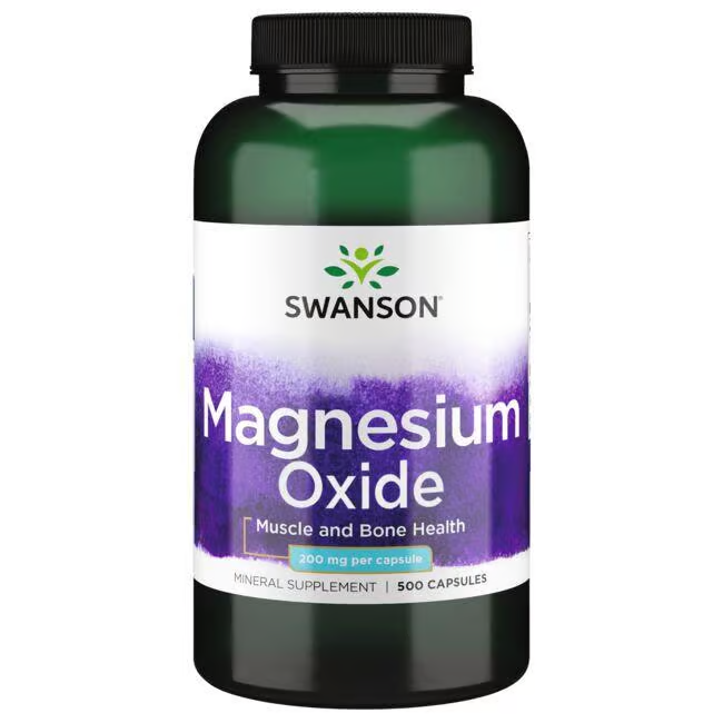 Swanson's Magnesium Oxide 200 mg, labeled for supporting enzyme reactions, muscle, and bone health, comes in a bottle containing 500 capsules.