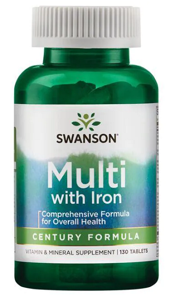 Swanson Multi con Hierro 130 Tab Fórmula multivitamínica Century con vitaminas y minerales esenciales para una protección antioxidante.