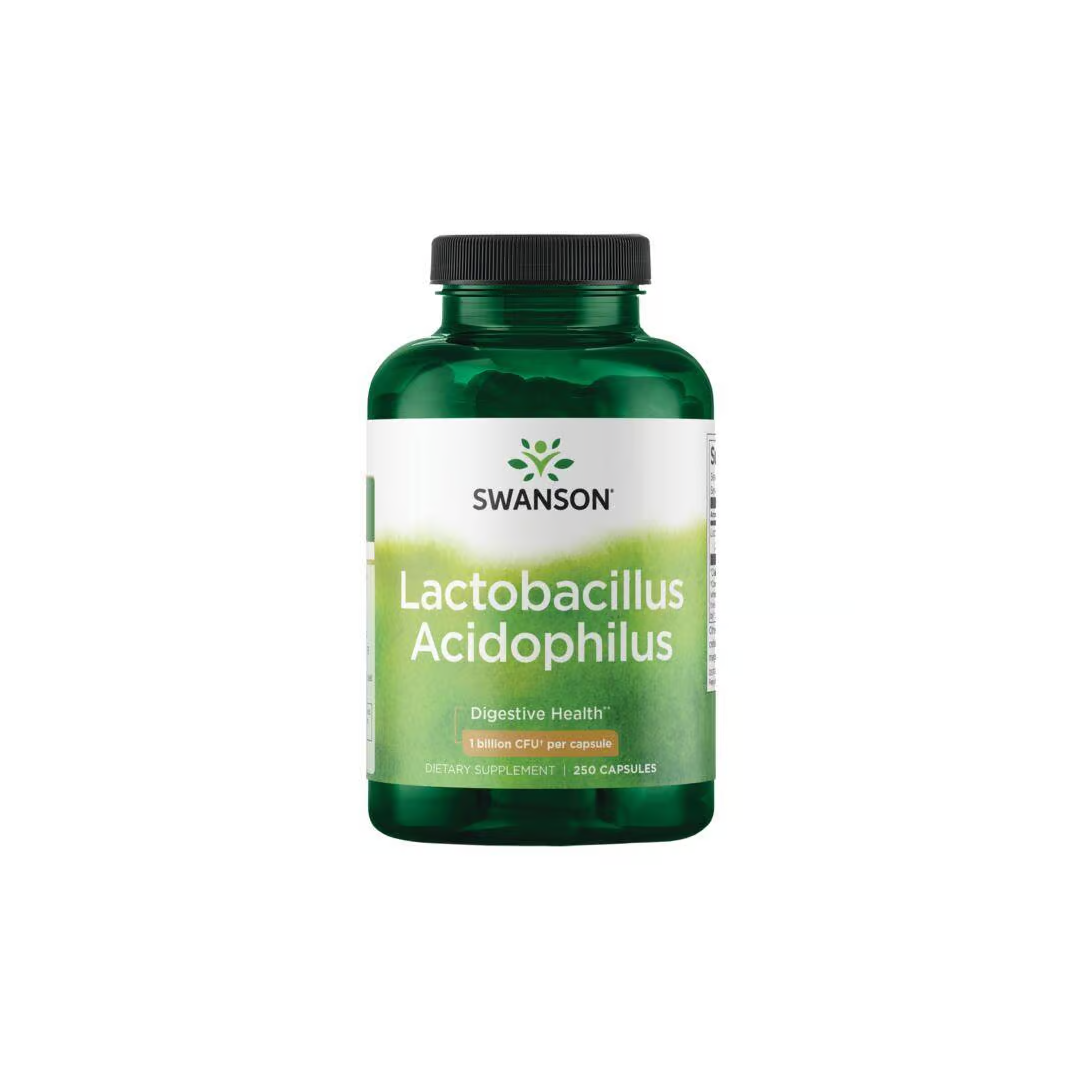 A green Swanson bottle labeled "Lactobacillus Acidophilus - 250 capsules" is designed to enhance digestive health and support bowel regularity.