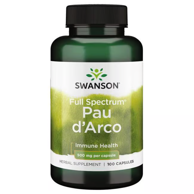 Green bottle labeled "Full Spectrum Pau d'Arco 500 mg 100 Capsules" by Swanson, offering immune health and system support.