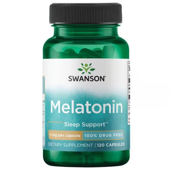 A green bottle of Swanson Melatonin 3 mg, containing 120 capsules, is a dietary supplement labeled as "100% Drug Free" and supports sleep and combats jet lag.