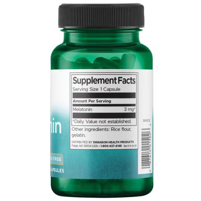 A green bottle of Swanson's Melatonin 3 mg, containing 120 capsules, features a supplement facts label. With rice flour and gelatin as other ingredients, it offers support for restful nights and helps combat jet lag.