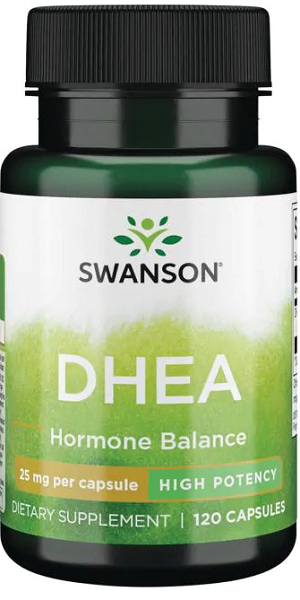 Un frasco de Swanson DHEA - Alta Potencia - 25 mg 120 cápsulas equilibrio hormonal.