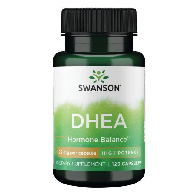 Swanson DHEA 25 mg, featuring high-potency capsules for hormone balance and adrenal support, comes with 120 capsules.