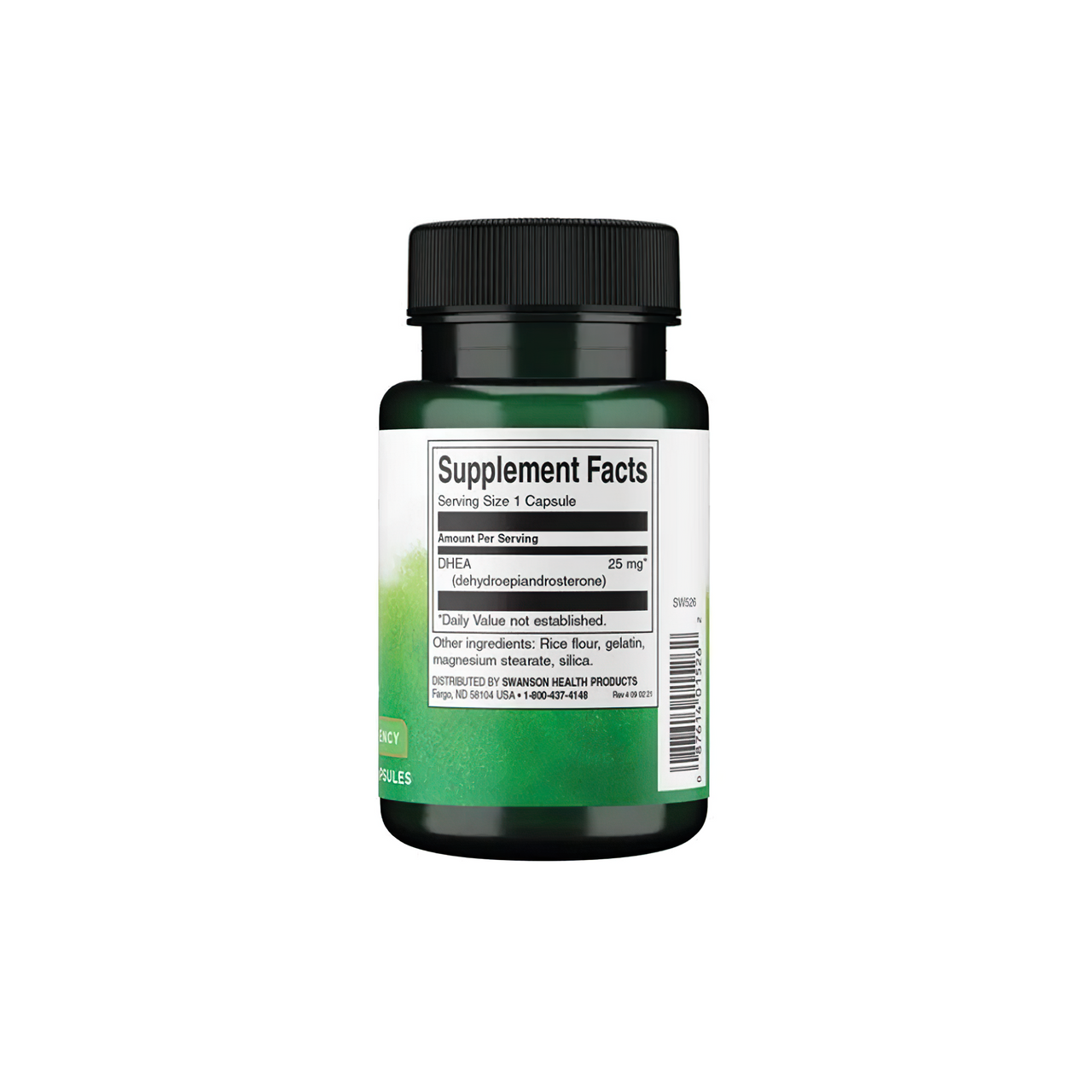 Un frasco de Swanson DHEA - High Potency - 25 mg 120 cápsulas sobre fondo blanco.