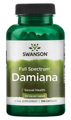 Un frasco de Swanson Damiana - 510 mg 100 cápsulas.