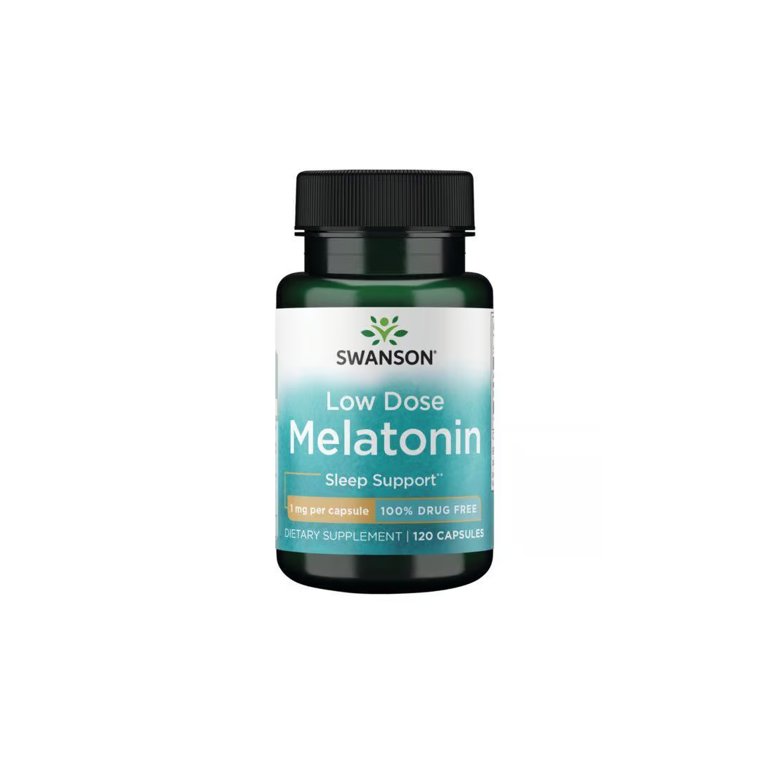 Swanson's Low Dose Melatonin 1 mg, offering 120 capsules, is labeled "100% Drug Free" and "Dietary Supplement," perfect for easing jet lag and promoting restful sleep.