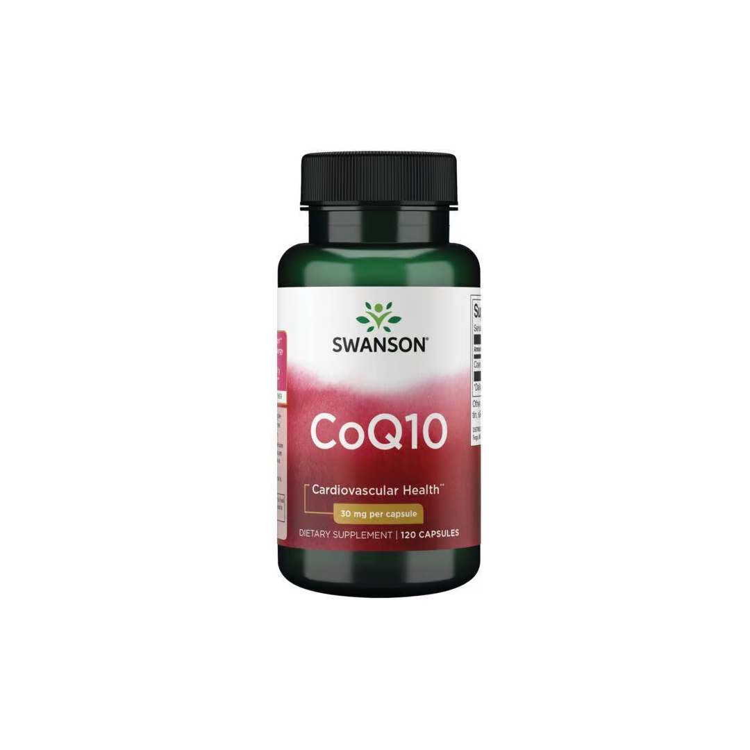 A bottle of Swanson Coenzyme Q10, 30 mg, with 120 capsules supports cardiovascular health and boosts energy production.