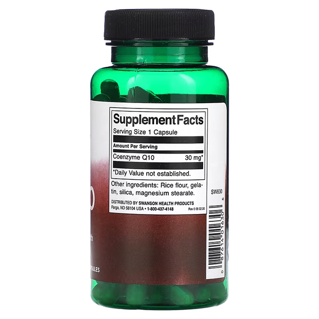 A green Swanson Coenzyme Q10 30 mg bottle with 120 capsules features a label detailing supplement facts, ideal for cardiovascular health support.