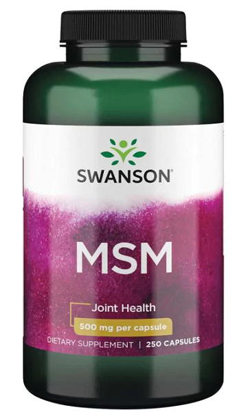 Swanson MSM - 500 mg 250 cápsulas Cápsulas Salud Articular están especialmente formuladas para favorecer la salud articular. Estas cápsulas también aportan beneficios para la salud del cabello y la piel. El ingrediente clave de estas cápsulas es el MSM, conocido por sus efectos positivos.
