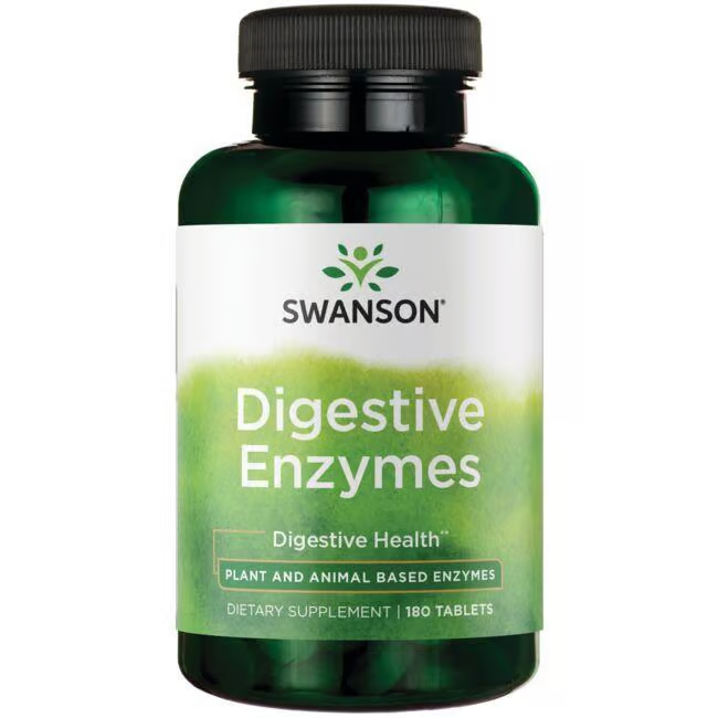 Swanson's Digestive Enzymes, a powerful mix of plant and animal enzymes, supports your digestive health with 180 tablets.