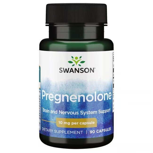 Swanson's Pregnenolone 10 mg dietary supplement provides neurosteroid support for the brain and nervous system, featuring 90 capsules per bottle.