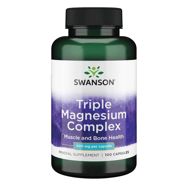 A bottle of Swanson's Triple Magnesium Complex 400 mg, containing 100 capsules, aids muscle and bone health while supporting enzyme reactions.