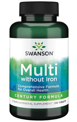 Un frasco de Swanson Multi sin Hierro - 130 pastillas, que cubre las carencias nutricionales.