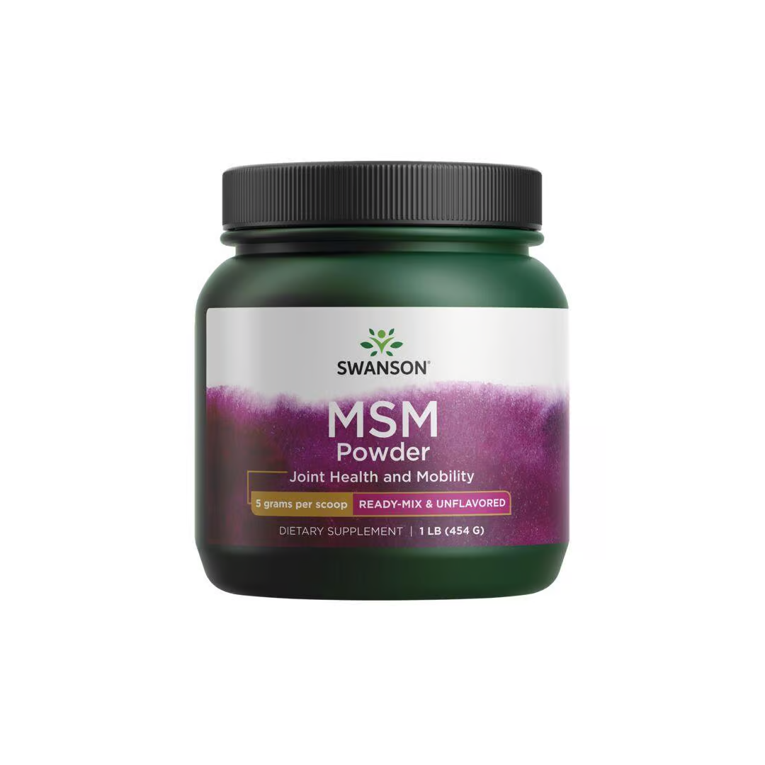 A container of Swanson's MSM powder weighing 454 grams offers essential collagen support for joint health and mobility. This unflavored, ready-mix formula easily integrates into your daily routine.