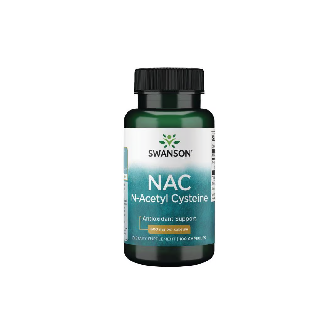 This bottle of Swanson's NAC - N-Acetyl Cysteine contains 100 capsules, each providing 600 mg for antioxidant support.