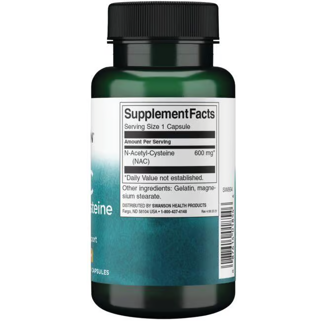 A bottle of Swanson's NAC - N-Acetyl Cysteine 600 mg, containing 100 capsules, prominently features a "Supplement Facts" label, emphasizing 600 mg of the powerful antioxidant N-acetylcysteine per serving.