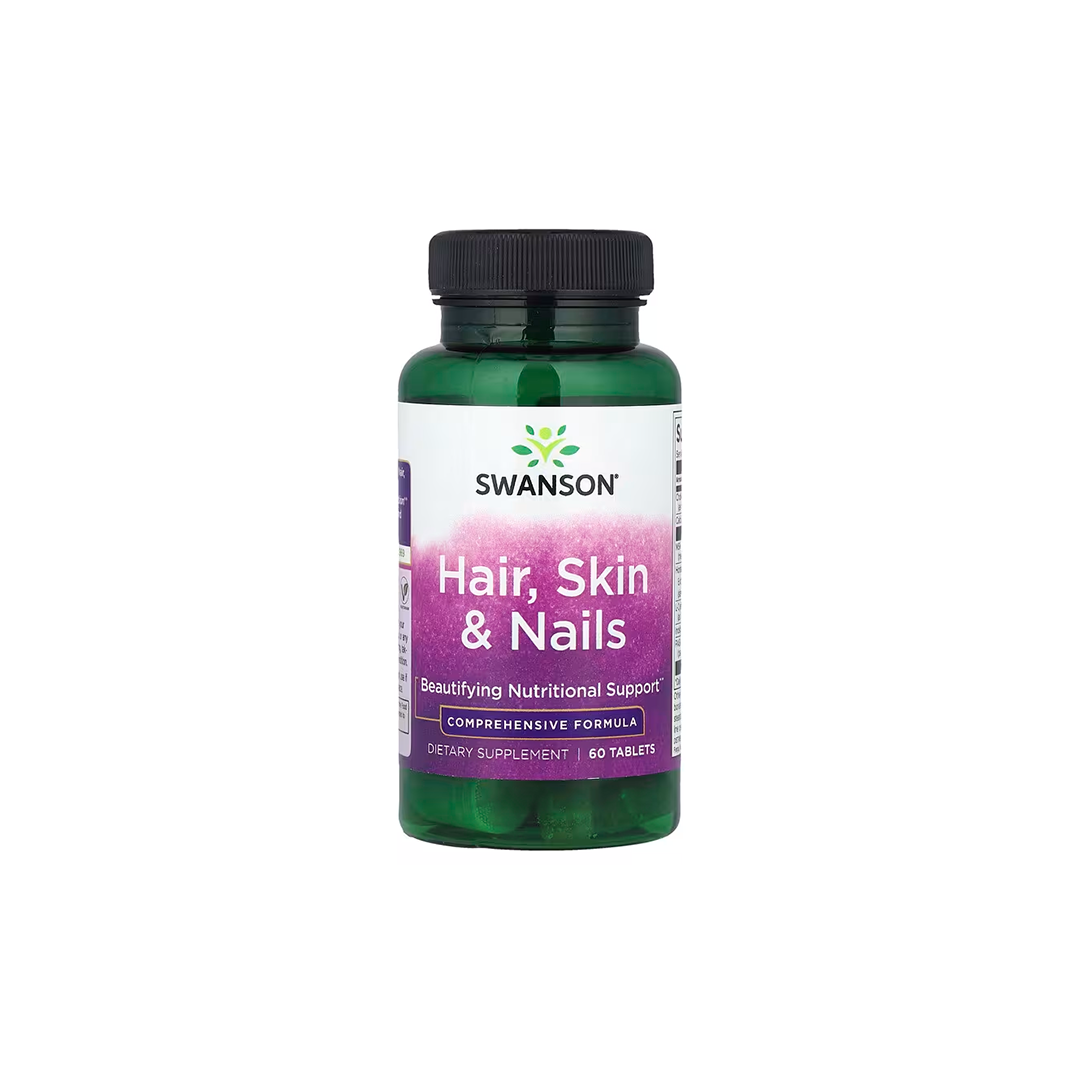 Swanson's "Hair, Skin & Nails - 60 tabs" provides dietary supplements for beautifying nutritional support of hair, skin, and nails.