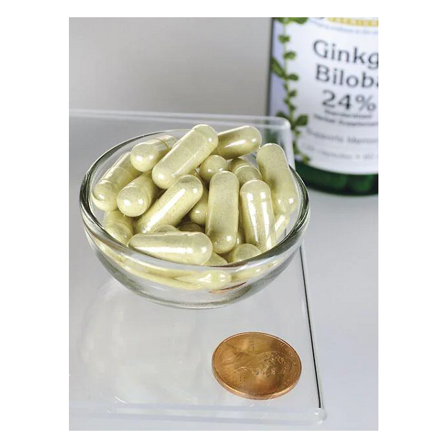 A small glass bowl holds several beige capsules next to a penny for scale. In the background, a bottle labeled "Swanson Ginkgo Biloba Extract 60 mg 120 Capsules" subtly suggests potential benefits for cognitive function and antioxidant effects.