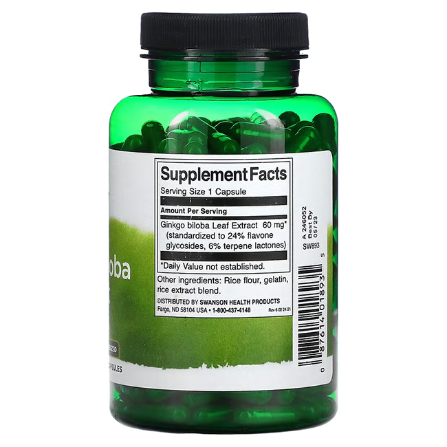 A green bottle of Swanson Ginkgo Biloba Extract 60 mg with a black cap and visible supplement facts label contains 240 capsules, detailing ingredient info and serving size. It is known for its antioxidant effects and effectively supports cognitive function.