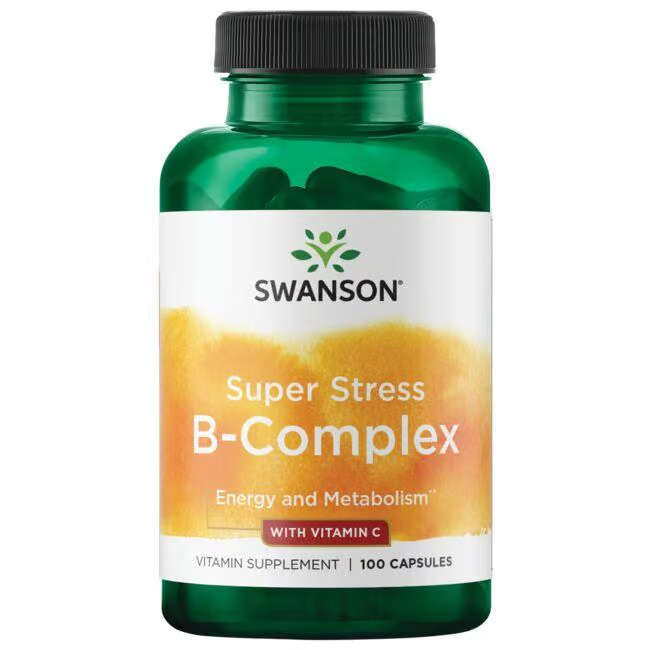 Green bottle of Swanson B-Complex with Vitamin C, expertly formulated for energy production and metabolism, containing 100 capsules, 500 mg each.