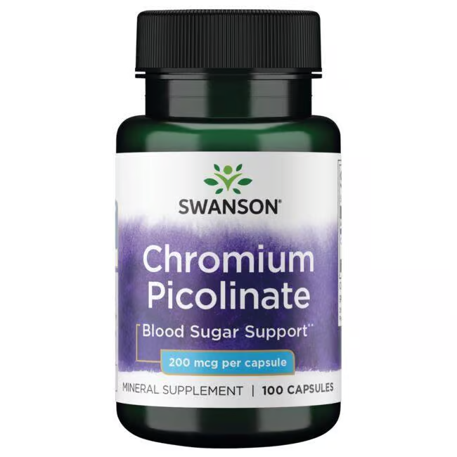 A bottle of Swanson Chromium Picolinate 200 mcg contains 100 capsules, designed for blood sugar support and heart health.